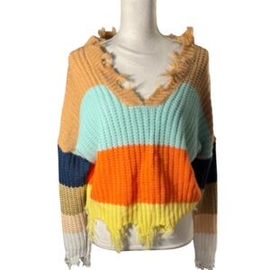 Miracle USA. Multicolored Distressed VNeck Sweater